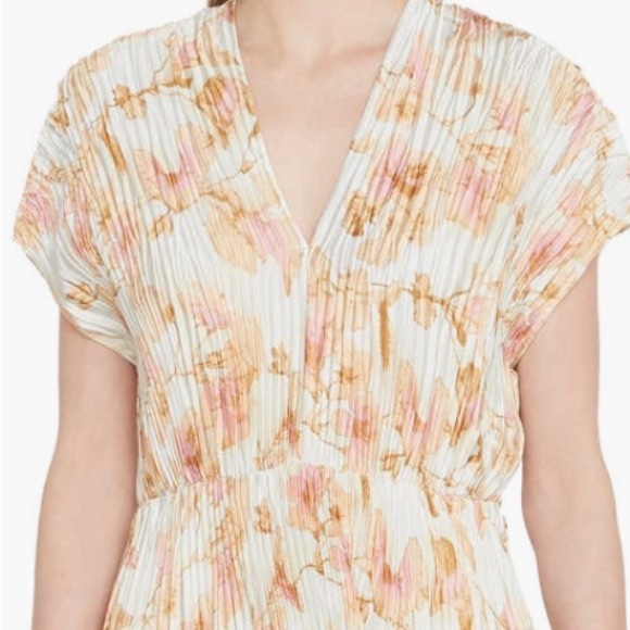 VINCE FLORAL CRUSHED SATIN DRESS Color soil Midi Dress in Cream and Pink size XL - Picture 5 of 10